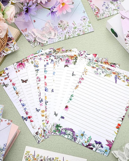 TaoBary 160 Pcs Stationery Paper Set 50 Double Sided Stationery Papers with 50 Matching Envelopes and 60 Round Dot Sticker, 10 Design(Wildflower,5.5 x 8.25 Inch)