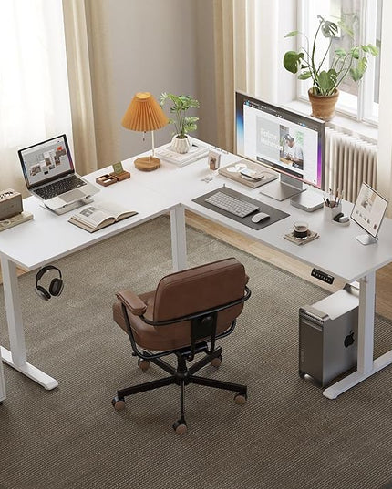 Agilestic L Shaped Standing Desk Adjustable Height, Electric Corner Standing Desk, 63 x 55 inch Sit Stand Computer Table with Splice Board, White