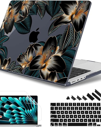 May Chen Case for MacBook Pro 14 inch, A2442 A2779 A2918 A2992 A3401 A3185 A3112 A3434, M1 M2 M3 M4 M5 Chip (2021-2025 Release), Plastic Hard Shell Case with Keyboard Cover, Golden Lilies Flowers