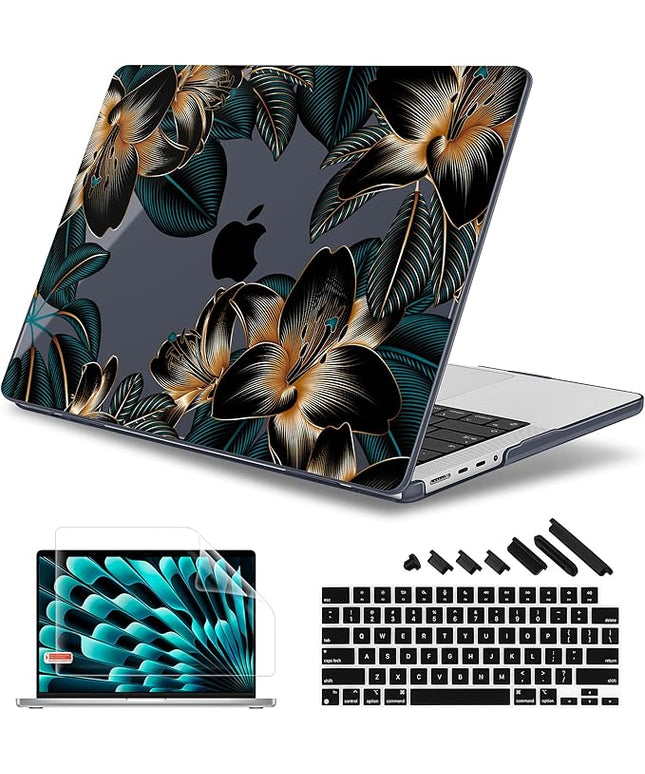 May Chen Case for MacBook Pro 14 inch, A2442 A2779 A2918 A2992 A3401 A3185 A3112 A3434, M1 M2 M3 M4 M5 Chip (2021-2025 Release), Plastic Hard Shell Case with Keyboard Cover, Golden Lilies Flowers
