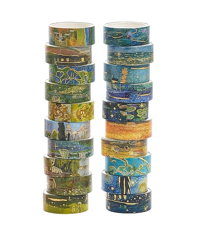 YUBX Landscape Washi Tape Set in Oil Painting Style 20 Rolls Scenery Drawing Masking Gold Foil Graphic Decorative Tapes for Arts, DIY Crafts, Journals, Planners, Scrapbook, Wrapping (Classic)