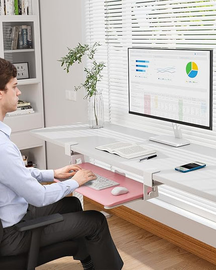 BONTEC KMT01 Under Desk Keyboard Tray, Pull-Out Keyboard & Mouse Platform with C-Clamp, 25.6 x 11.8 in Space-Saving Ergonomic Slide-Out Drawer, Pink