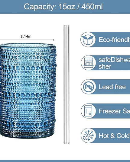 Vintage Hobnail Drinking Glasses Set of 12, 15oz Textured Tumblers - Embossed Blue Bar Glasses for Cocktails, Beer, Whiskey, Dishwasher-Safe Highball Cups for Kitchen, Juice & Mixed Drinks