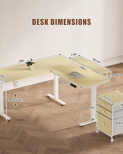 Flycity Electric L Shaped Standing Desk with File Cabinet, 59" x 59" Corner Computer Desk with Drawers, Dual Motor Stand Up Desk with Storage, Home Office Standing Desk Adjustable Height, Maple