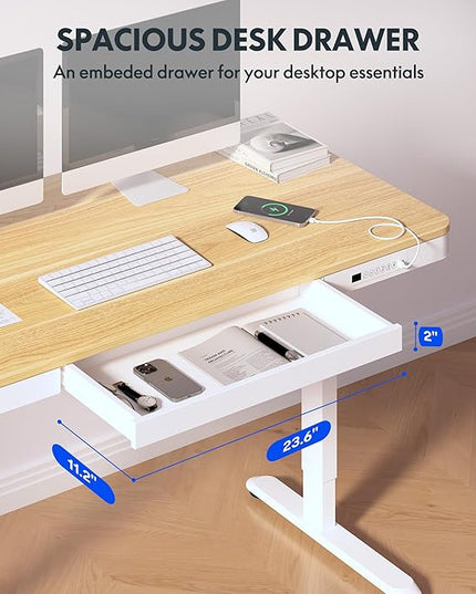 FLEXISPOT 55" Electric Standing Desk with Drawers, Quick Assembly Home Office Sit Stand Desk with Storage, USB Charging, Computer Desk for Home Office (Maple Top + White Adjustable Frame, Comhar)