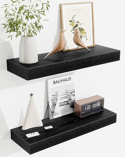 Fun Memories Floating Shelves Bathroom for Wall Mounted Shelves, 20 Inch Wood Shelf Set of 2, Home Storage & Display Decor, Black