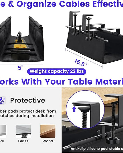 Under Desk Cable Management Tray, Clamp-On Cord Organizer，No Drilling Required, Holds Up to 22 lbs, for Cords, Routers, Power Strips (Black, 28.4inch)