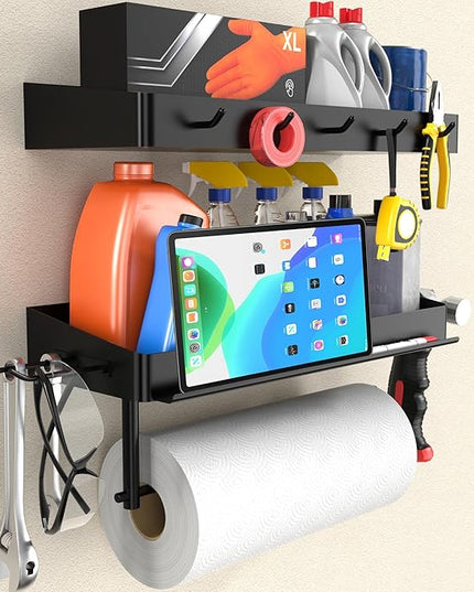 YIGII Heavy Duty Garage Paper Towel Holder with 2 Storage Shelves, Wall Mount Paper Towel Rack with Phone Holder & Hooks, Shop and Tool Room Organizer for Storage