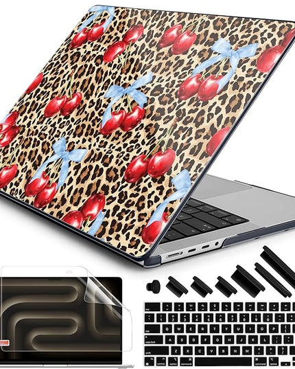 DONGKE Case for M5 MacBook Pro 14 inch 2025 2024-2021 M4 M3 M2 M1, Plastic Hard Shell Cover Compatible with A3434 A3112 A3401 A3185 A2992 A2779 A2442, Retina XDR Display & Touch ID, Leopard Cherries