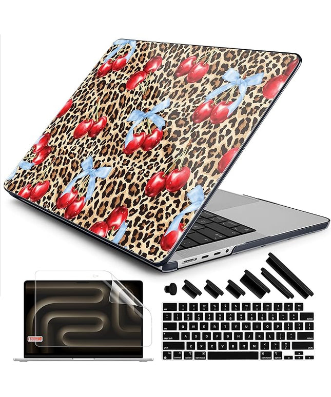 DONGKE Case for M5 MacBook Pro 14 inch 2025 2024-2021 M4 M3 M2 M1, Plastic Hard Shell Cover Compatible with A3434 A3112 A3401 A3185 A2992 A2779 A2442, Retina XDR Display & Touch ID, Leopard Cherries