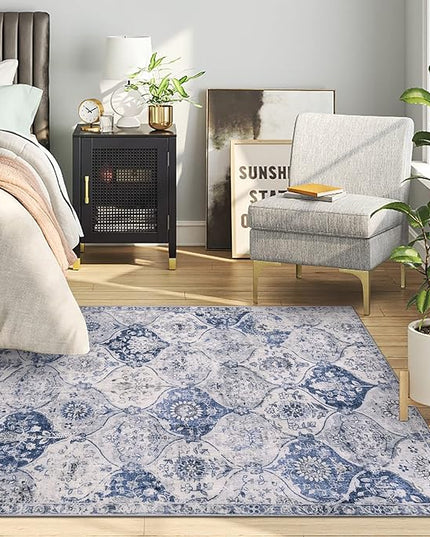 Lahome Moroccan Trellis Washable Small Area Rug, 3x5 Area Rug for Bedroom Living Room, Non-Slip Oriental Accent Throw Carpet for Kitchen Office Entryway Bathroom Office, White/Royal Blue