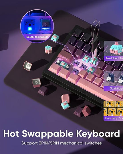 RedThunder K95 Wireless Mechanical Keyboard,TFT Screen & Knob, Trip-Modes Connection, Gasket Custom Hot-Swap Keyboard, RGB Backlit, Pre-lubed Linear Switches, Side Printed PBT Keycaps, Gradient Pink