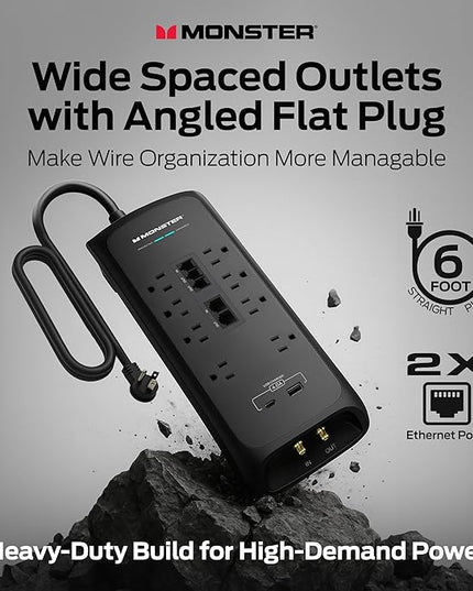 Monster Power Surge Protector w/ 4,050 Jules Rating — Heavy Duty Power Strips with Surge Protection, 8 Outlets, USB-A & USB-C, 2 Coax, 5 Ethernet Ports, Fireproof MOV, Dual Mode (6FT Cord, Black)