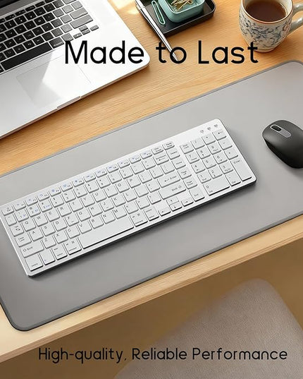 JKSML Wireless Keyboard with 102 Keys, Bluetooth and 2.4 GHz Wireless, Low Profile, Number Pad, Fluid Quiet Typing, 12 Programmable Keys, USB C Rechargeable, for Phone, Tablet, PC, Laptop, TV - White