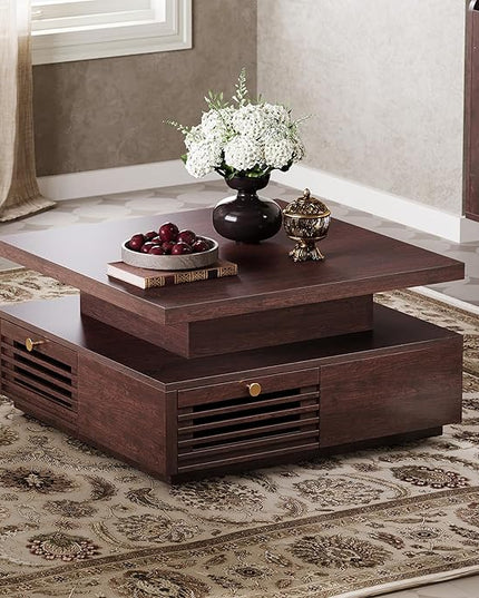 IRONCK Coffee Table with LED Light and Charging Station, 4 Storage Drawers with Grille Design, Square Coffee Table for Living Room Office Reception Room (Walnut)