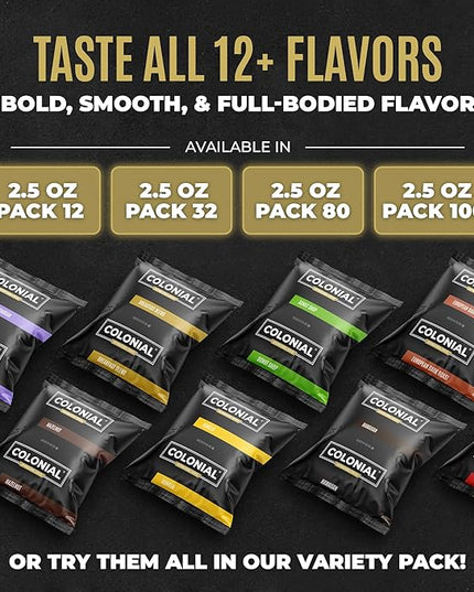 Colonial Coffee 32 Count Single Pot Coffee Packets – 100% Arabica Vanilla Flavored Medium Roast | Pre-Measured Frac Packs for 12 Cup Maker | Bulk Ground Gourmet Coffee for Home & Office