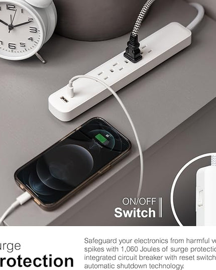 GE UltraPro 4 Outlet Surge Protector, USB-C Charging, 3 ft Designer Braided Cord, 1060 Joules, ETL Listed, White, 41354