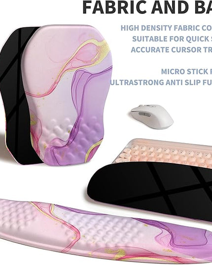 2-in-1 Ergonomic Set, Wave Keyboard Wrist Rest and Massage Slope Mouse Pad Wrist Support, Rebound Memory Foam for Relieve Carpal Tunnel Syndrome and Wrist Pain (Pink Purple Marble)