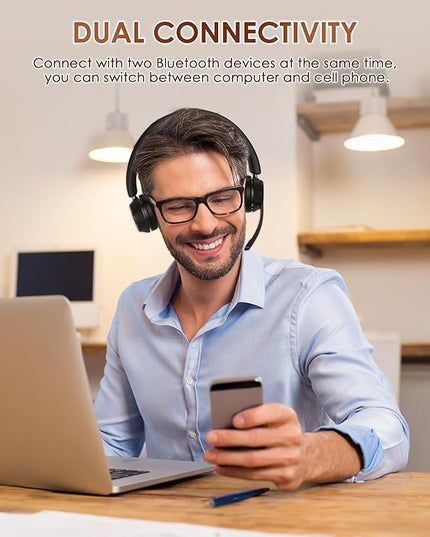 (Upgraded Version) Wireless Headset, Bluetooth Headset with Noise Cancelling Microphone, Best Headphones with Mic Mute & USB Dongle for PC/Computer/Laptop/Cell Phones/Remote Work/Call Center