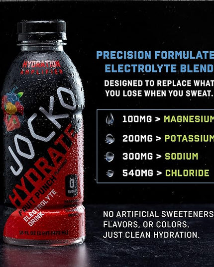 Jocko Fuel Hydrate Electrolyte Drinks - Sports Drink Hydration Amplifier, Thirst Quencher - Scientifically Formulated Electrolyte Blend Fruit Punch Flavor 16 Oz (12 Pack)