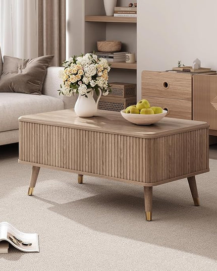 JOINICE Lift Top Coffee Table with Storage,Natural Wood Center Table for Living Room, Modern Farmhouse Oak Fluted Design,Pop-Up Desk for Work & Dining