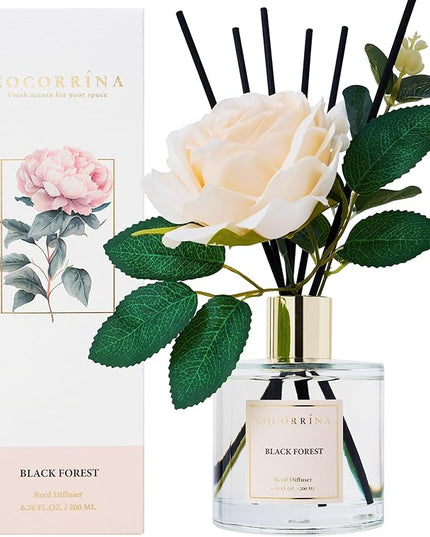 Cocorrina Reed Diffuser Set, Flower Reed Diffuser Black Forest 6.7 oz, Scented Diffuser with Sticks Home Fragrance Essential Oil for Bathroom Shelf Decor, Living Room, Large Room, 1pack