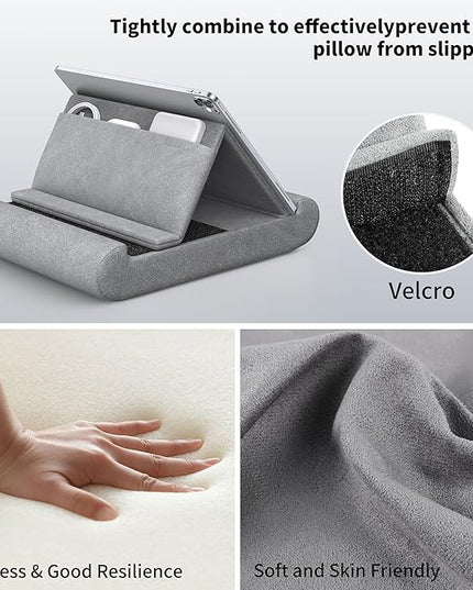 CreaDream Tablet Pillow Stand, Foldable Tablet Holder for Lap, Bed and Desk, Soft Pillow Pad with Pocket and Stylus Mount, for 4-13" Tablets, Like iPad Pro 11, 13, Air, Mini, Kindle, Galaxy Tab, Grey