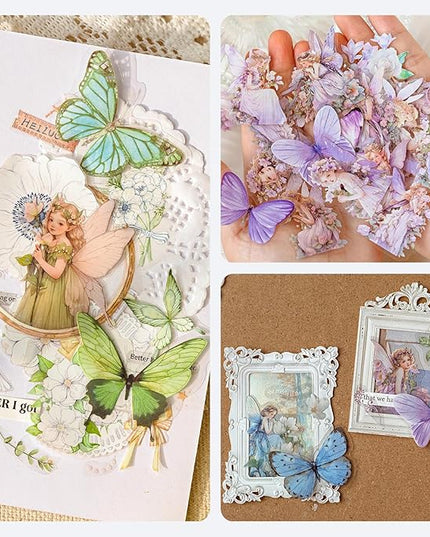 SIBLYMONA Vintage Fairy Stickers 240Pcs Transparent Stickers for Scrapbooking Journaling, Floral Butterfly Cottagecore Junk Journal Scrapbook Supplies, Rub On Transfers for Crafts (240, Pink&Blue)
