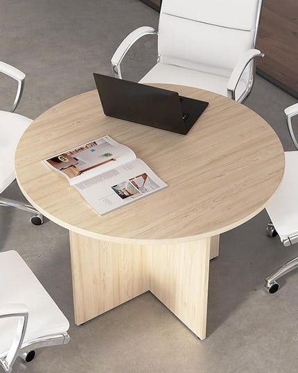 Bush Business Furniture 42-inch Round Conference Table with Wood Base, Circular Meeting Room Desk for 4 Users, Natural Elm