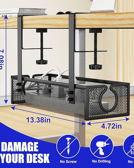 REFLYING Under Desk Cable Management Tray, Metal Long Arms (3.9in), No Drill Mesh Cable Tray, Wire Organizer, 1 Pack, Black
