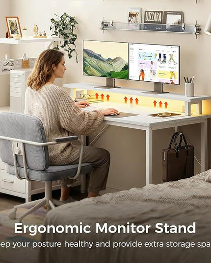 AODK 59 Inch Gaming Desk with USB Charging Ports & LED Light- Reversible Computer Desk with Storage Shelves & Monitor Stand, Modern Gamer Desk Table with Fabric Drawers & Side Hook, Carbon Fiber White