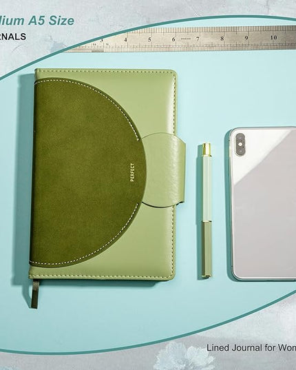 CAGIE Lined Journal for Women, 100GSM Leather Journals for Writing with Buckle Closure,A5 Hardcover Diary Journaling Notebooks for Business Work School Note Taking 5.9" x8.59 (Green)