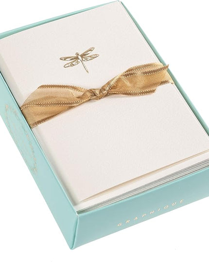 Graphique Dragonfly La Petite Presse Boxed Notecards - 10 Embossed and Embellished Gold Foil Blank Cards with Matching Envelopes, 3.25" x 4.75"