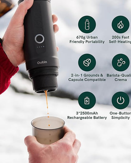 OutIn Nano Portable Electric Espresso Machine, Travel Coffee Maker for Camping, Car Coffee Maker Self-Heating with USB-C, With Ground Coffee & NS Capsule for RV, Hiking, Office