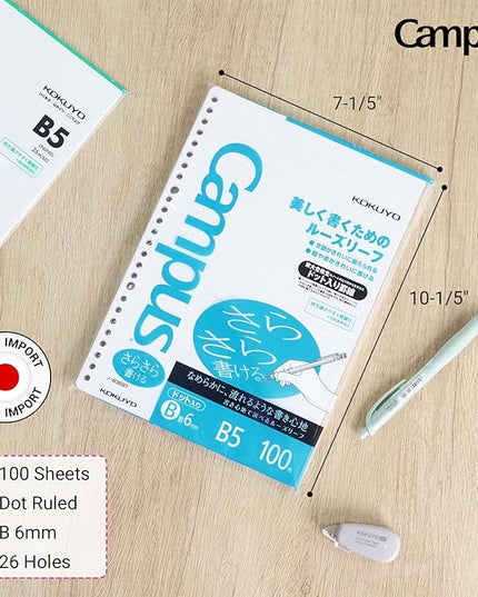 Kokuyo Campus Loose Leaf Paper for Binders, Sarasara Smooth Writing, B5, B 6mm Dotted Ruled, 26 Holes, 36 Lines, 100 Sheets, pH Neutral, Bleed Resistant, 75gsm, Pack of 2, Japan Import (NO-836BT)