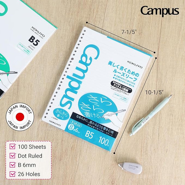 Kokuyo Campus Loose Leaf Paper for Binders, Sarasara Smooth Writing, B5, B 6mm Dotted Ruled, 26 Holes, 36 Lines, 100 Sheets, pH Neutral, Bleed Resistant, 75gsm, Pack of 2, Japan Import (NO-836BT)