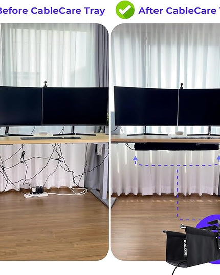 Ascrono Original No Drill Under Desk Cable Management Tray 14.1" - Premium White Fabric Cable Management Under Desk - Clamp/Screw Mount Cord Organizer - Supports Upto 66lbs