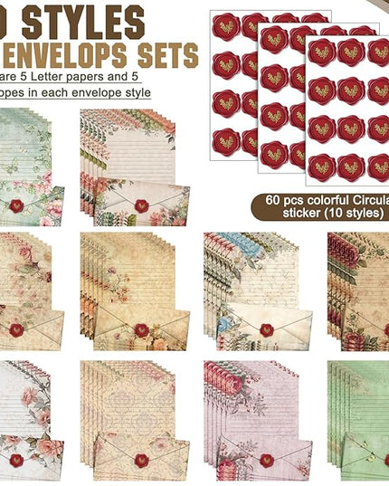 TaoBary 160 Pcs Stationery Paper Set 50 Double Sided Stationery Papers with 50 Matching Envelopes and 60 Round Dot Sticker, 10 Design(Vintage Floral,8.5 x 11 Inch)