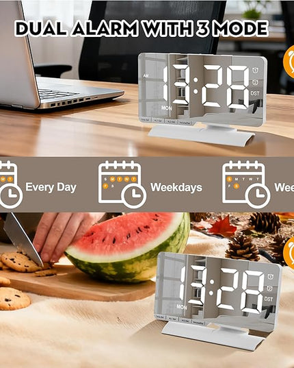 SZELAM Digital Clock,Alarm Clock Bedside,7.3'' Large LED Mirror with Date Display,Dual Alarm with 3 Mode,Brightnee Adjust,DST,Snooze Function,USB C Charging Port,5 Levels Volume for Desk Bedroom Teens