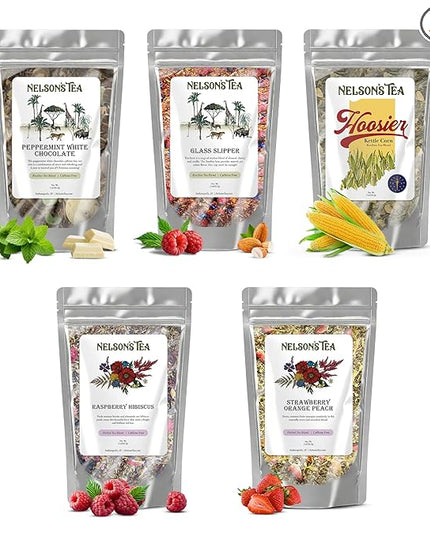 Nelson's Tea Caffeine Free Sampler Pack - Loose Leaf Tea Sampler - Peppermint White Chocolate, Glass Slipper, Hoosier Kettle Corn, Raspberry Hibiscus, Strawberry Orange Peach - 2 Oz Sizes