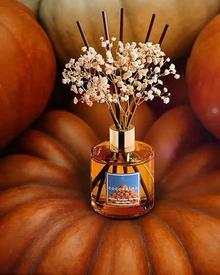 COCORRÍNA Reed Diffuser - Morton Pumpkin Harvest Reed Diffuser Set with 8 Sticks & Preserved Baby's Breath, Reed Diffuser for Home Bathroom Shelf Decor