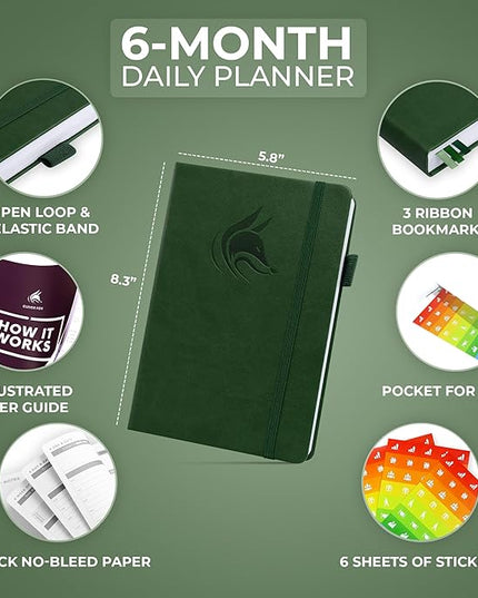 Clever Fox Daily Planner – Undated Planning Notebook with Hourly Schedule & To-Do List – Personal Day Task & Work Organizer, 6 Months (Forest Green)