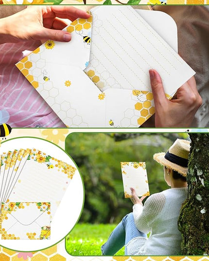 TaoBary 160 Pcs Stationery Paper Set 50 Double Sided Stationery Papers with 50 Matching Envelopes and 60 Round Dot Sticker, 10 Design(Bee,8.25 x5.5 Inch)
