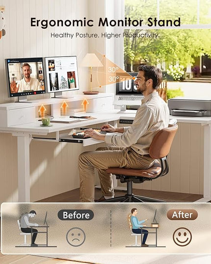 OffiGo 59 Inch L Shaped Electric Standing Desk with Drawers, Height Adjustable Corner Computer Desk with Keyboard Tray & Monitor Stand, Stand Up Table for Home Office Workstation, White