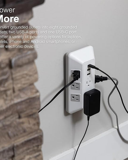 GE 8-Outlet Surge Protector with USB, Outlet Extender, 2 USB-A, 1 USB-C, Adapter Spaced, Multi Plug, Charging Station, for Home School and Office, 2000 Joules, White/Gray - 73654