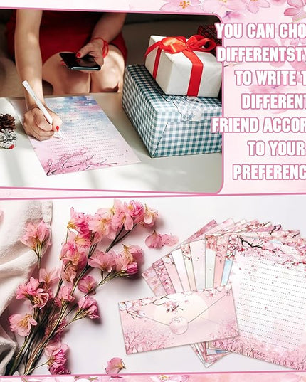 TaoBary 160 Pcs Stationery Paper Set 50 Double Sided Stationery Papers with 50 Matching Envelopes and 60 Round Dot Sticker, 10 Design(Cherry Blossom,8.5 x 11 Inch)