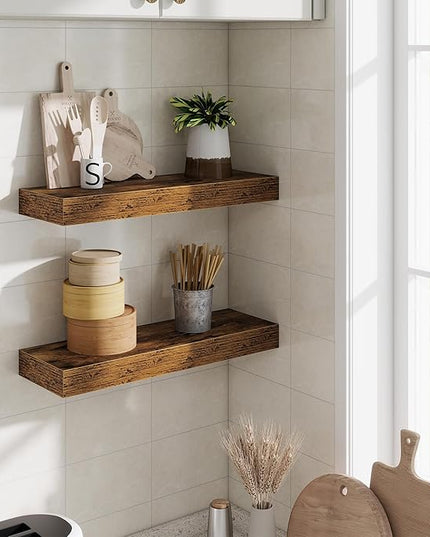 Fun Memories Floating Shelves Bathroom for Wall Mounted Shelves, 20 Inch Wood Shelf Set of 2, Home Storage & Display Decor, Rustic Brown