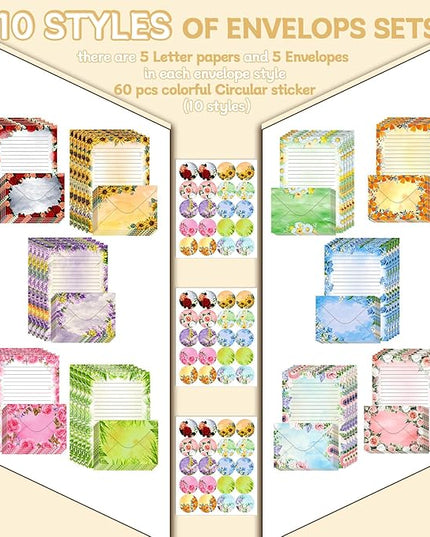 TaoBary 160 Pcs Stationery Paper Set 50 Double Sided Stationery Papers with 50 Matching Envelopes and 60 Round Dot Sticker, 10 Design(Flower,5.5 x 8.25 Inch)