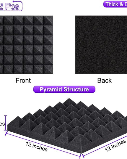 TroyStudio Thick Acoustic Foam Panels, 12 X 12 X 2 Inches 12 Pcs Pyramid Sound Absorbing Foam, Dense Soundproof Padding Tile, Recording Studio Foams Absorber, Decorative 3D Wall Ceiling Panel