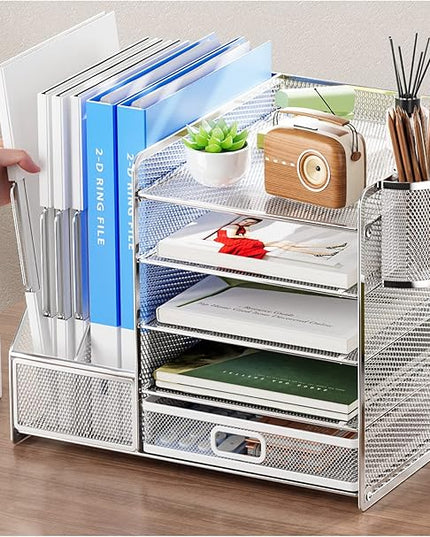 Marbrasse Desk Organizer with File Holder, 5-Tier Paper Letter Tray Organizer with Drawer and 2 Pen Holder, Mesh Desktop Organizer and Storage with Magazine Holder for Office Supplies (Silver)